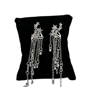 Cubic Zirconia Star Tassel Dangle Drop Earrings Silver-Tone Long Chain Design